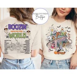 2-sided epcot world tour halloween shirt, boozin around the world 2023 shirt, mickey friends shirt,drinking around the