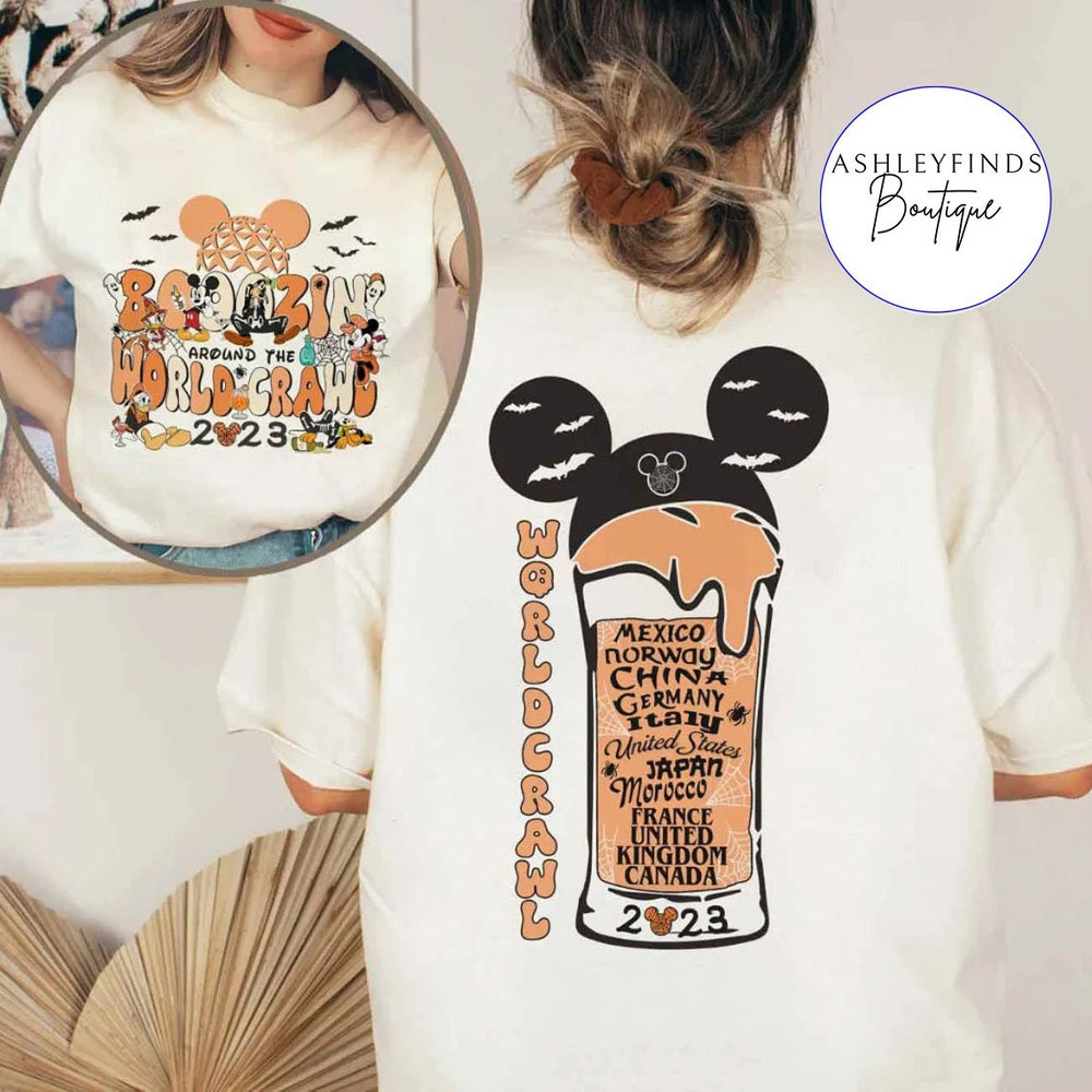 2-sided Boozin' around the world crawl Halloween shirt, Mickey & friends Halloween shirt, Epcot drinking around the world Halloween Tee - 1.jpg