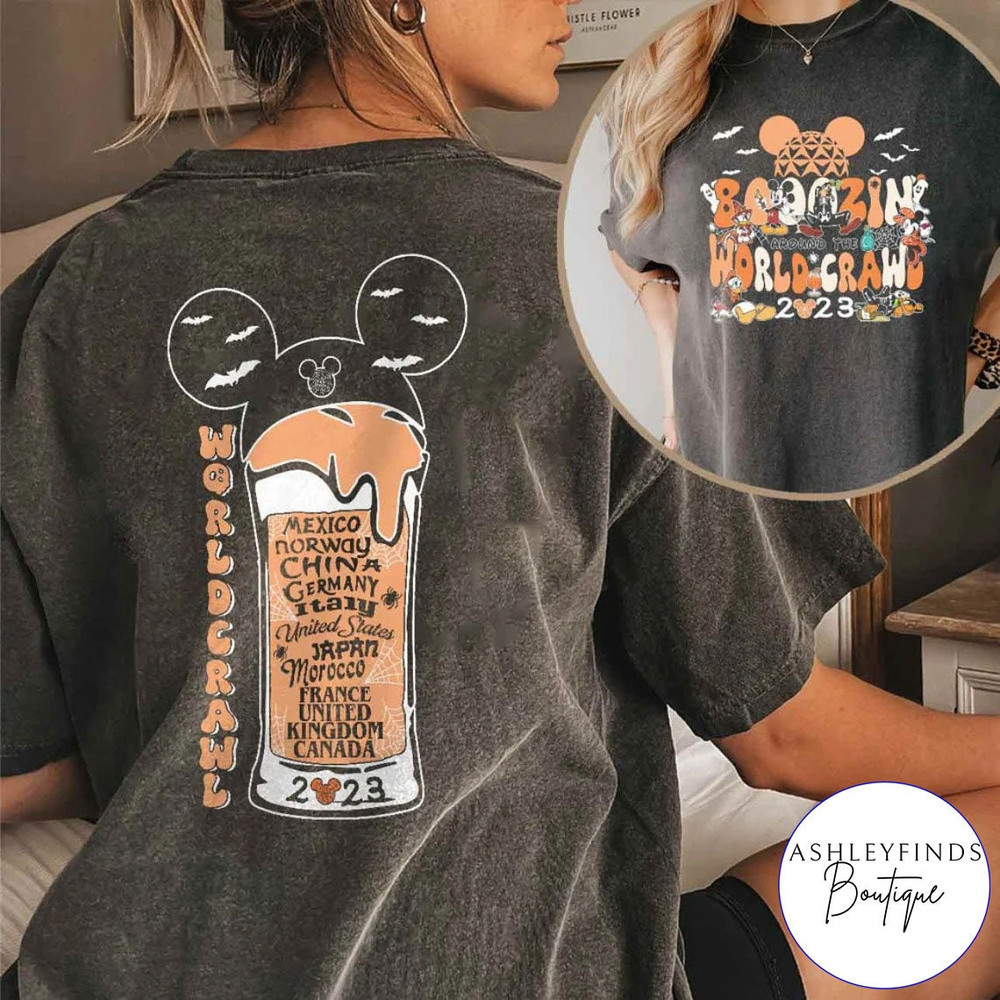 2-sided Boozin' around the world crawl Halloween shirt, Mickey & friends Halloween shirt, Epcot drinking around the world Halloween Tee - 5.jpg