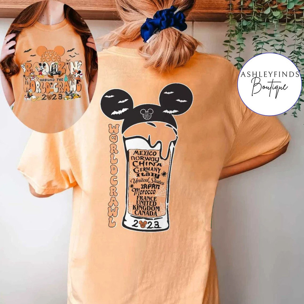 2-sided Boozin' around the world crawl Halloween shirt, Mickey & friends Halloween shirt, Epcot drinking around the world Halloween Tee - 6.jpg