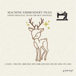 deer stars embroidery design, christmas machine embroidery pattern, cute baby deer embroidery file, forest animal embroi
