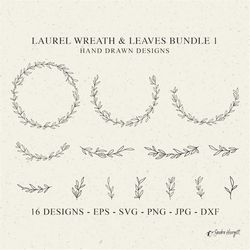 laurel wreath & leaf svg bundle botanical plotter file svg dxf png wedding cricut frame silhouette greenery clipart bran