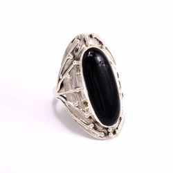 Natural Black Onyx 925 Silver Chunky Ring, Oval Gemstone Women Handmade Boho Ring Jewelry For Wedding Gift