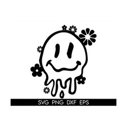 drippy smiley svg, melted face svg, happy face drip svg, melting smiley face svg, drippy smiley flowers svg