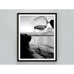 woman bathing with wine print, feminist poster, black and white, beach photography, bar cart print, girls bathroom decor