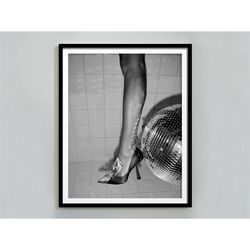 disco ball in the bathroom poster, black and white, fashion print, funky wall art, girls bathroom decor, disco party pri