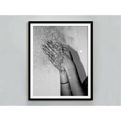 disco party glitter hands print, black and white wall art, 70s disco poster, girly dorm room decor, maximalist wall art,