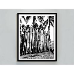 Surfboards in Hawaii Poster, Black and White, Vintage Print, Surfboard Wall Art, Beach House Decor, Beach Photography, P