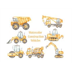 construction vehicles png , watercolor clipart , bulldozer , cement truck ,  excavator , dump truck , construction truck
