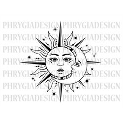 sun and moon svg , celestial svg , moon phases , mystical svg , sun face , sun svg , moon svg , digital download , inst