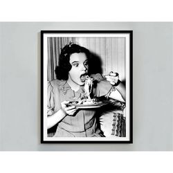Judy Garland Eating Spaghetti Print, Black and White, Vintage Photography, Pasta Poster, Old Hollywood Decor, Kitchen Wa