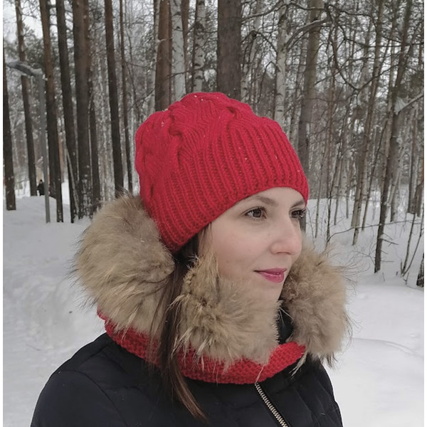 Knit Red beanie with braid