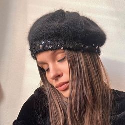 Knitted beret, warm fluffy female beret