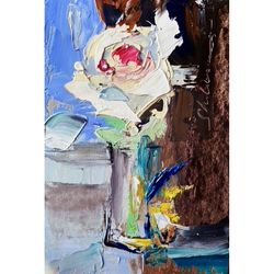 Rose Oil Painting Floral Original Art Still life Artwork for walls Flower Painting 3D Impasto Texture Fine art Brush st