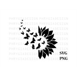 black sun flower butterflies svg png , sun flower clipart , butterfly design , butterfly clipart , instant download , di