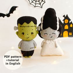 felt frankenstein and his bride hand sewing pdf tutorial with patterns, diy halloween decor, halloween felt crafts
