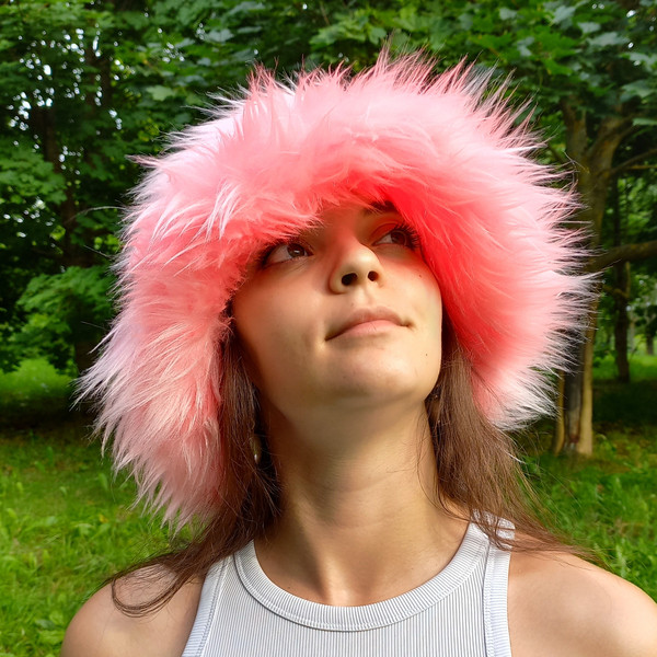 Fluffy pink hat. Festival fuzzy hat. Rave shaggy pink hat.