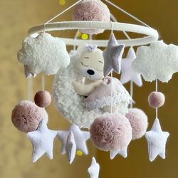 Bear mobile crib, baby girl mobile felt, baby shower gift, pink mobile hanging, Nursery decor, gift for pregnant