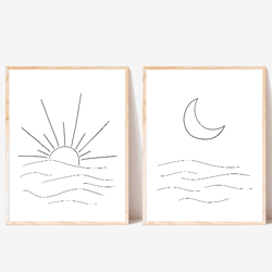 Sun and Moon set of 2 prints, Landscape line wall art, Black and white, Sunset Moon Waves, Doodle art, Digital Download