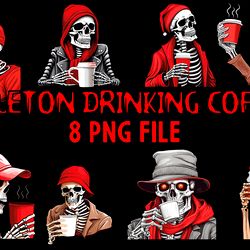 Skeleton Drinking Coffee Digital File 8 PNG Halloween