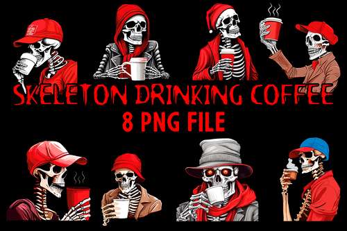 Skeleton Drinking Coffee Digital File 8 PNG Halloween