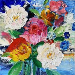 Peonies Oil Painting Floral Original Art Flower Artwork 3D Painting Floral Abstract Painting Impasto Textured