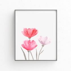 Blush pink poppy flowers print Watercolor floral painting Baby girl bedroom decor Pink nursery wall art Digital Download