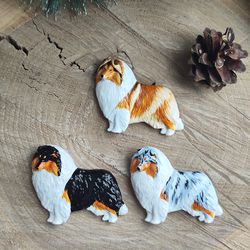 Set - 3 Brooches  Collie figurine - brooch or dog show ring clip/number holder, cast plastic, hand-painted