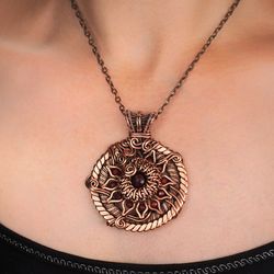 Wire wrapped copper pendant necklace Natural red garnets Handmade Mandala Wire art Unique copper jewelry Gift for her