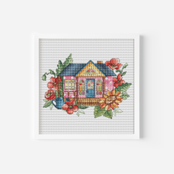 Summer House Oasis with Vibrant Sunflowers and Poppies Cross Stitch Pattern PDF, Stunning Summer House Blooms