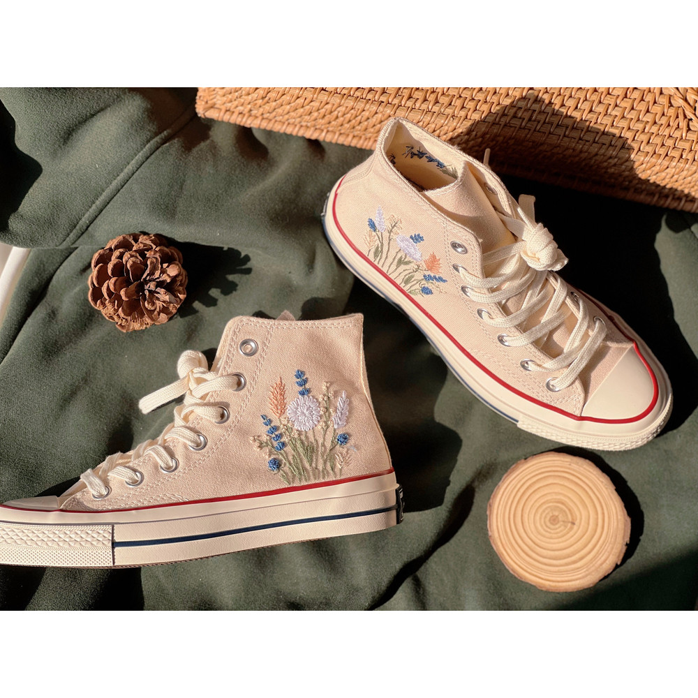 Embroidered Converse Chuck Taylors 1970sCustom Converse Multicolored Flower Clusters Embroidered Converse High Tops,Chrysanthemum,Lavender - 1.jpg