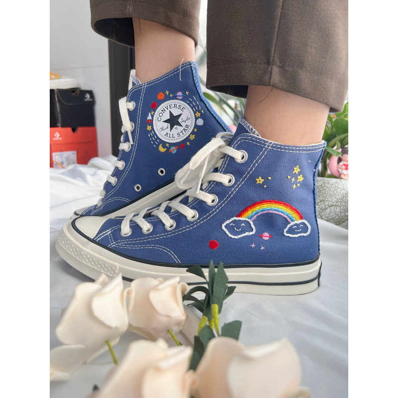 Embroidered Converse Custom Converse BlueConverse High Tops Chuck Taylor 1970sCustom Logo RocketEmbroidered With Rainbows And Universe - 1.jpg