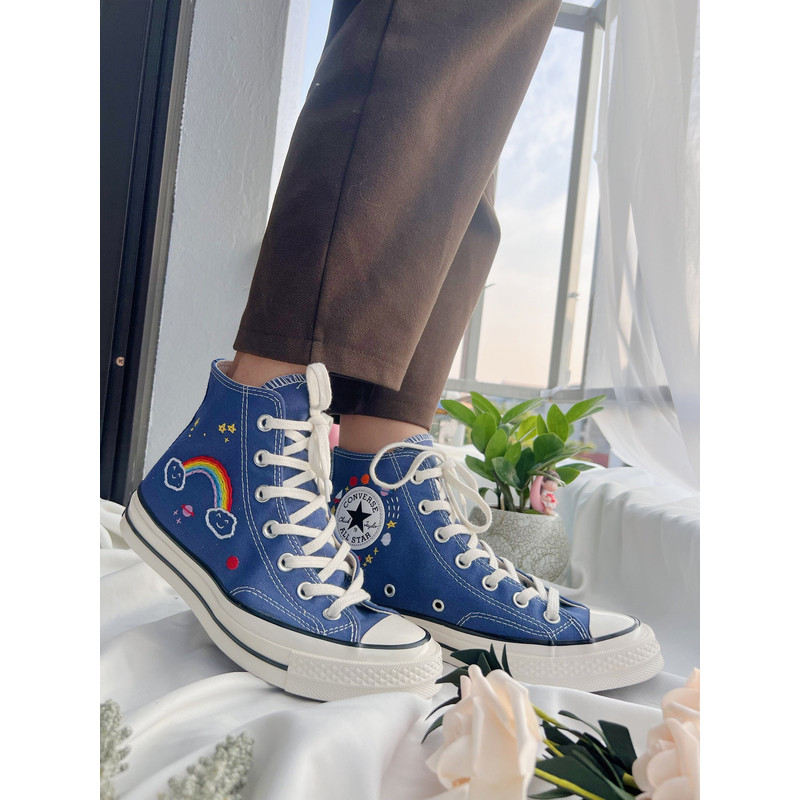 Embroidered Converse Custom Converse BlueConverse High Tops Chuck Taylor 1970sCustom Logo RocketEmbroidered With Rainbows And Universe - 4.jpg