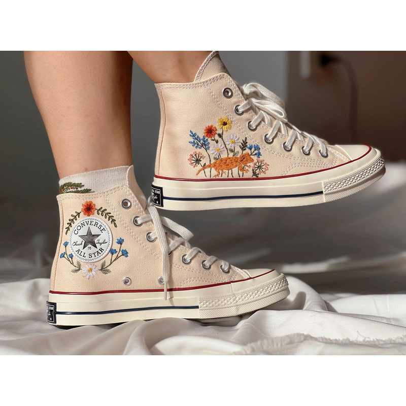 Embroidered Converse High TopsFlower ConverseCustom Converse PetEmbroidered ConverseGarden Of Sunflowers And Daisies And Lizards - 1.jpg