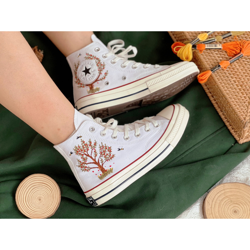 Embroidered Converse High TopsFlower ConverseEmbroidered Big Apple Tree,Bees And FlowersEmbroidered Logo Chuck Taylor 1970sGift Her - 1.jpg