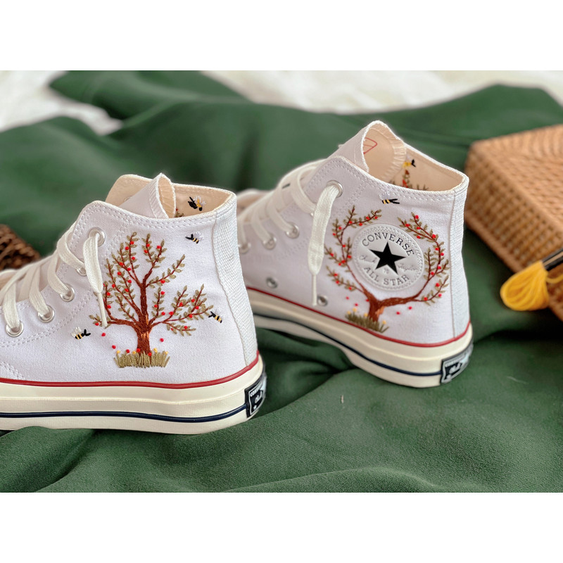 Embroidered Converse High TopsFlower ConverseEmbroidered Big Apple Tree,Bees And FlowersEmbroidered Logo Chuck Taylor 1970sGift Her - 2.jpg