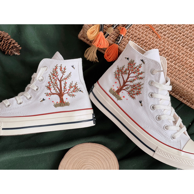 Embroidered Converse High TopsFlower ConverseEmbroidered Big Apple Tree,Bees And FlowersEmbroidered Logo Chuck Taylor 1970sGift Her - 4.jpg