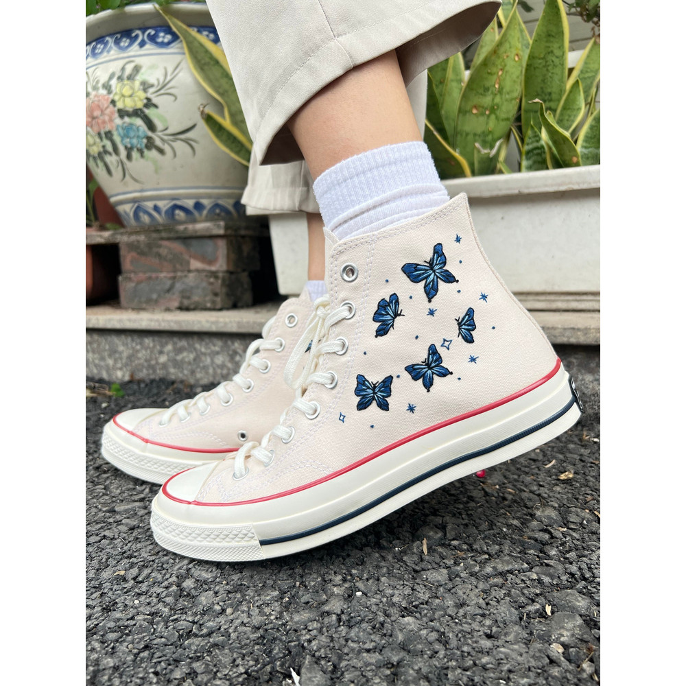 Embroidered ConverseButterfly ConverseEmbroidered Blue ButterfliesConverse High Tops Chuck Taylor 1970sCustom Logo ButterflyGift ForHer - 1.jpg