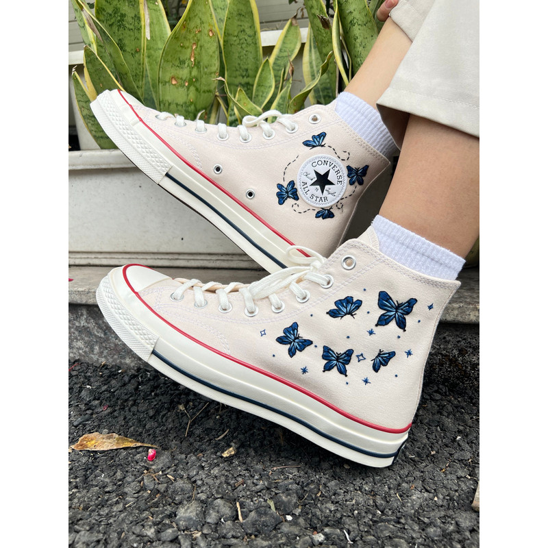 Embroidered ConverseButterfly ConverseEmbroidered Blue ButterfliesConverse High Tops Chuck Taylor 1970sCustom Logo ButterflyGift ForHer - 2.jpg