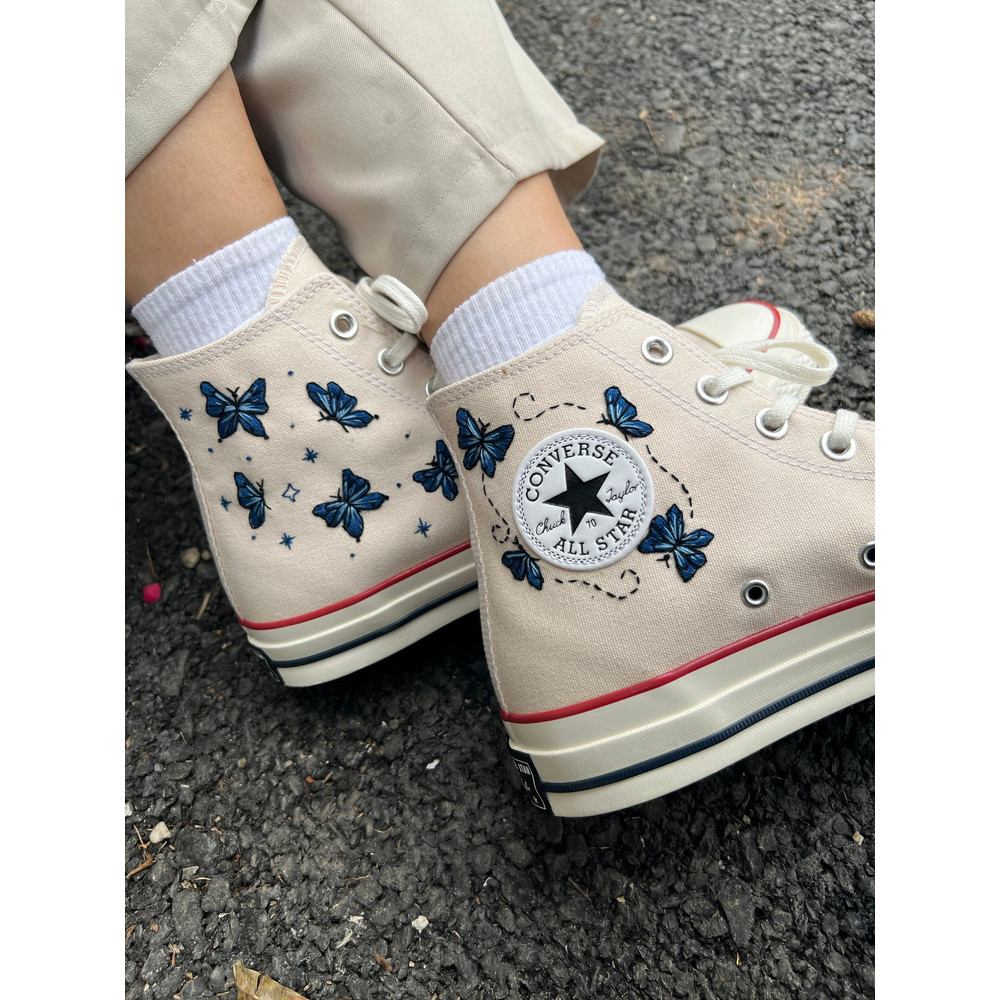 Embroidered ConverseButterfly ConverseEmbroidered Blue ButterfliesConverse High Tops Chuck Taylor 1970sCustom Logo ButterflyGift ForHer - 6.jpg