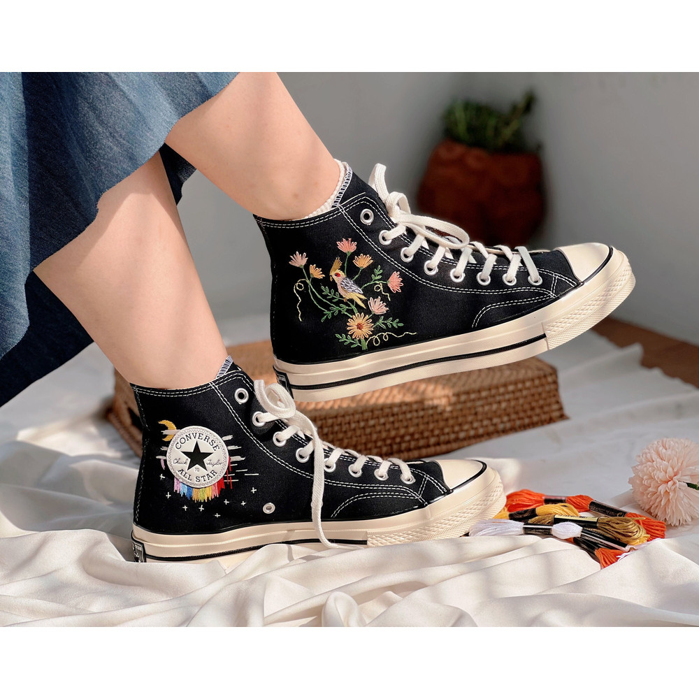 Embroidered ConverseConverse Flower And PetCustom Converse Bird And FlowerEmbroidered Converse GerberaFlower Girl ShoesFloral Converse, - 1.jpg