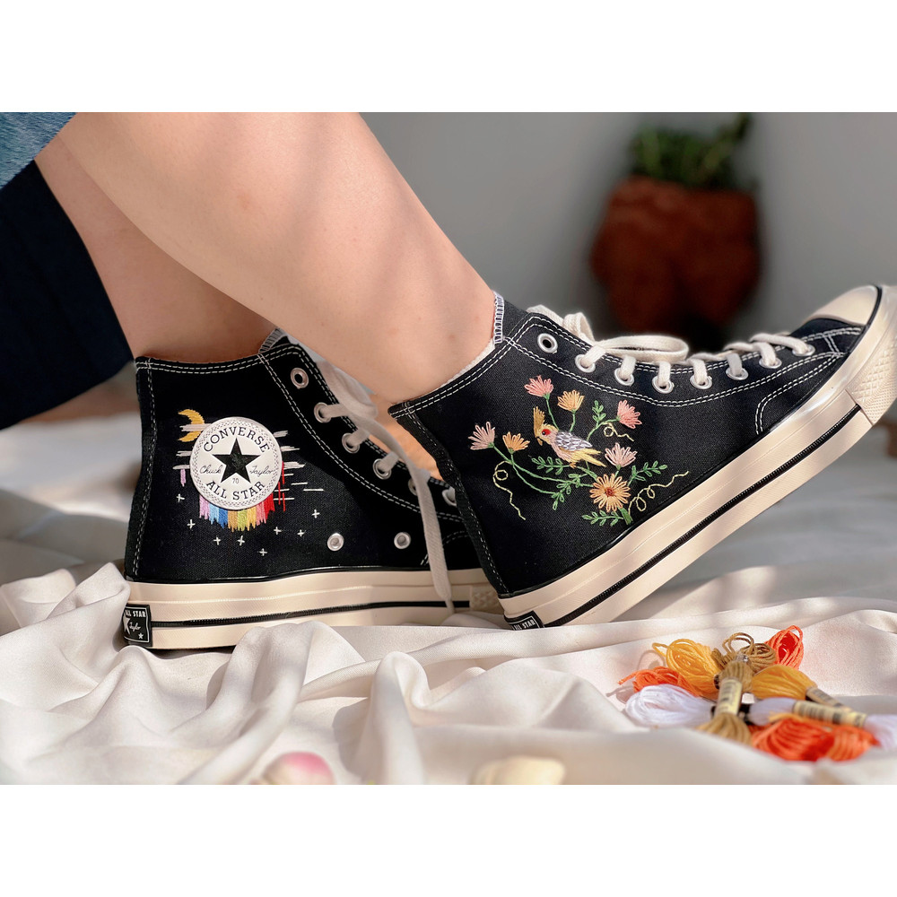 Embroidered ConverseConverse Flower And PetCustom Converse Bird And FlowerEmbroidered Converse GerberaFlower Girl ShoesFloral Converse, - 2.jpg