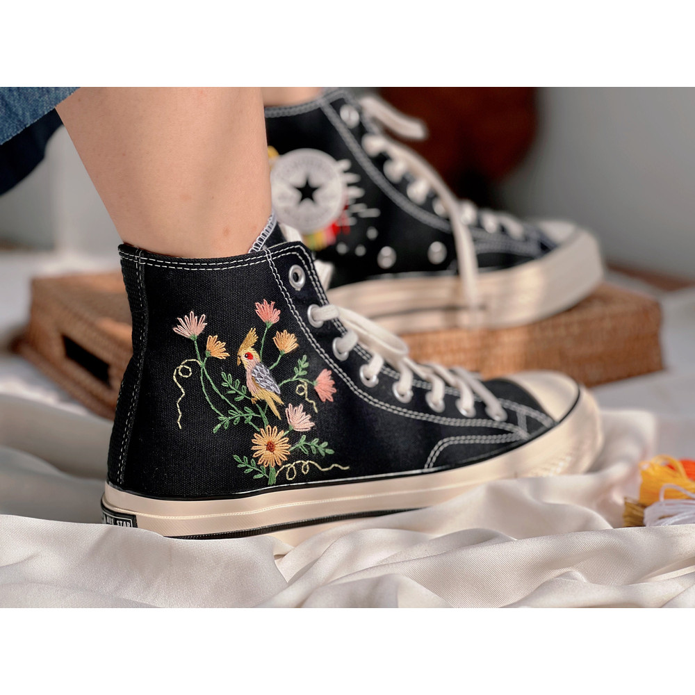 Embroidered ConverseConverse Flower And PetCustom Converse Bird And FlowerEmbroidered Converse GerberaFlower Girl ShoesFloral Converse, - 4.jpg
