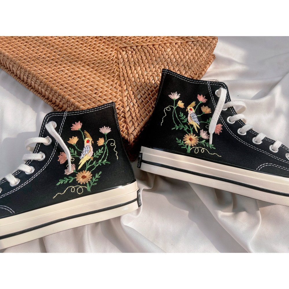 Embroidered ConverseConverse Flower And PetCustom Converse Bird And FlowerEmbroidered Converse GerberaFlower Girl ShoesFloral Converse, - 6.jpg