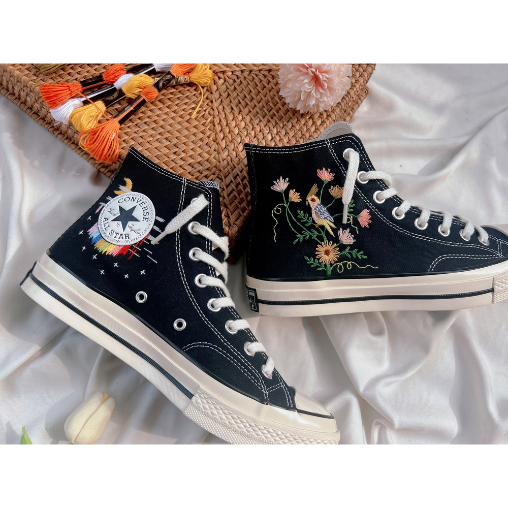 Embroidered ConverseConverse Flower And PetCustom Converse Bird And FlowerEmbroidered Converse GerberaFlower Girl ShoesFloral Converse, - 7.jpg