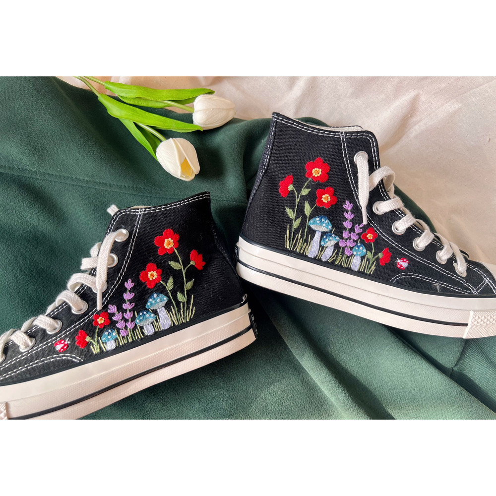 Embroidered ConverseConverse High Tops Chuck Taylor 1970s Green Mushrooms And Brilliant Flower GardensCustom Logo Mushrooms,Flowers - 1.jpg