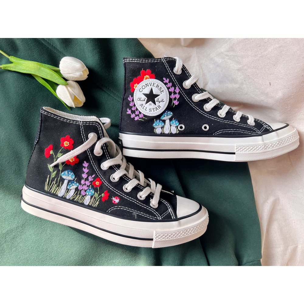 Embroidered ConverseConverse High Tops Chuck Taylor 1970s Green Mushrooms And Brilliant Flower GardensCustom Logo Mushrooms,Flowers - 2.jpg