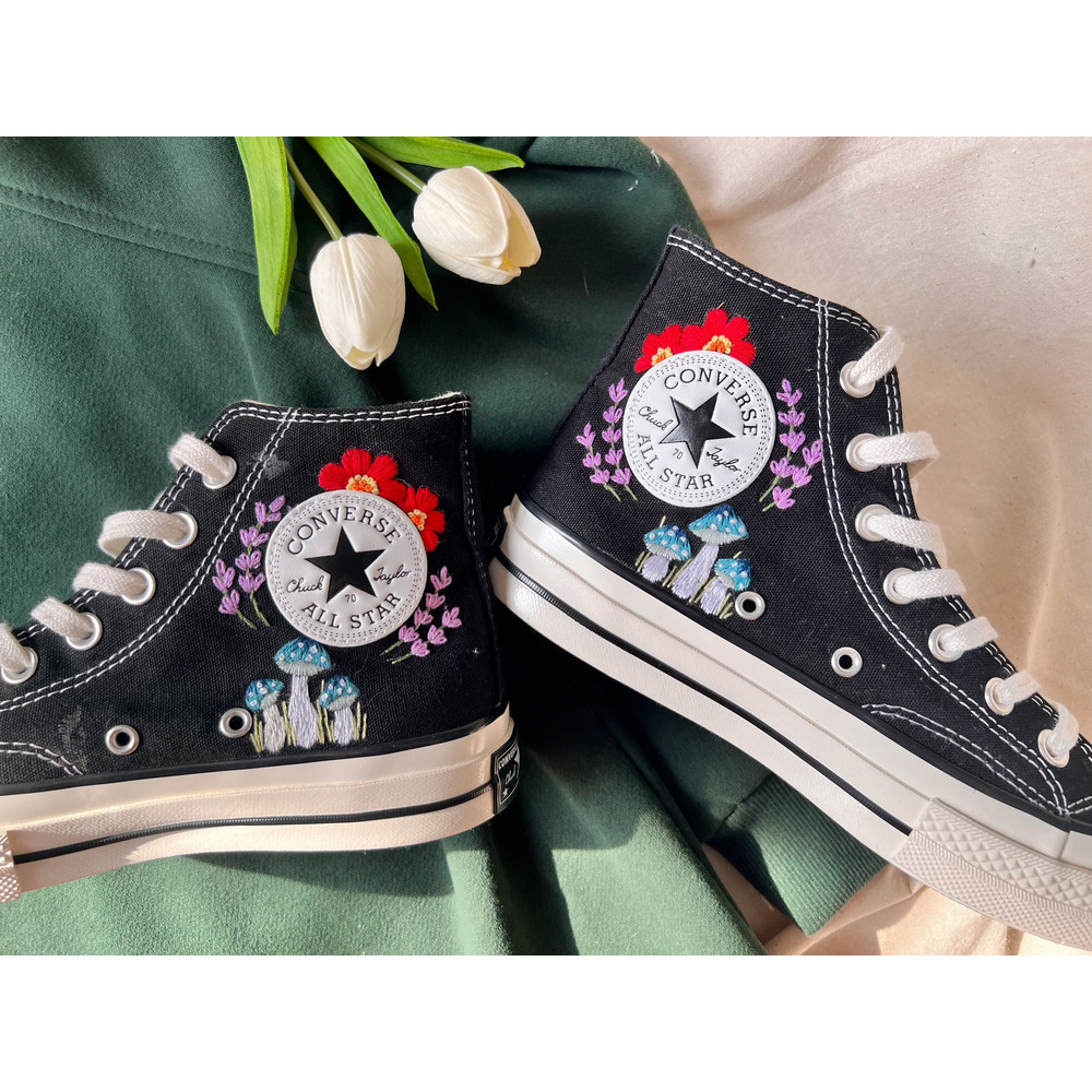 Embroidered ConverseConverse High Tops Chuck Taylor 1970s Green Mushrooms And Brilliant Flower GardensCustom Logo Mushrooms,Flowers - 3.jpg