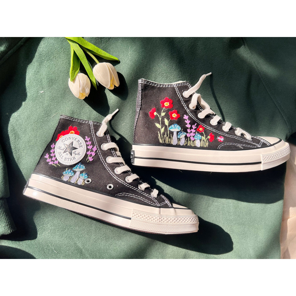 Embroidered ConverseConverse High Tops Chuck Taylor 1970s Green Mushrooms And Brilliant Flower GardensCustom Logo Mushrooms,Flowers - 4.jpg
