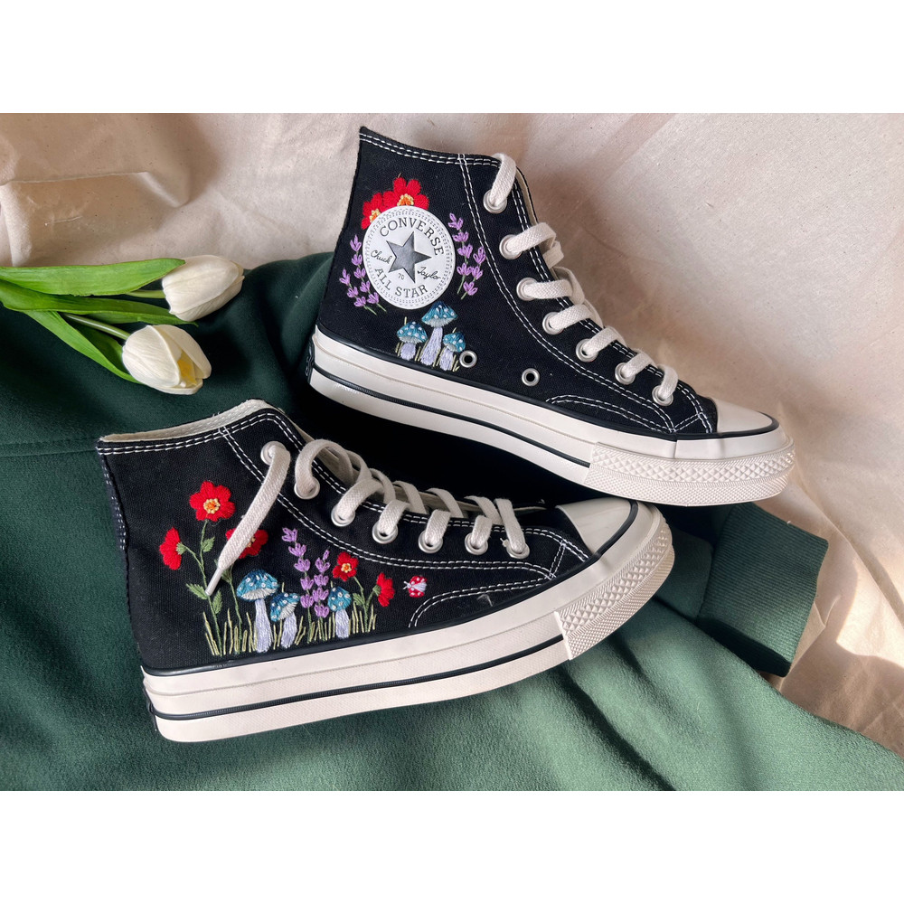 Embroidered ConverseConverse High Tops Chuck Taylor 1970s Green Mushrooms And Brilliant Flower GardensCustom Logo Mushrooms,Flowers - 5.jpg